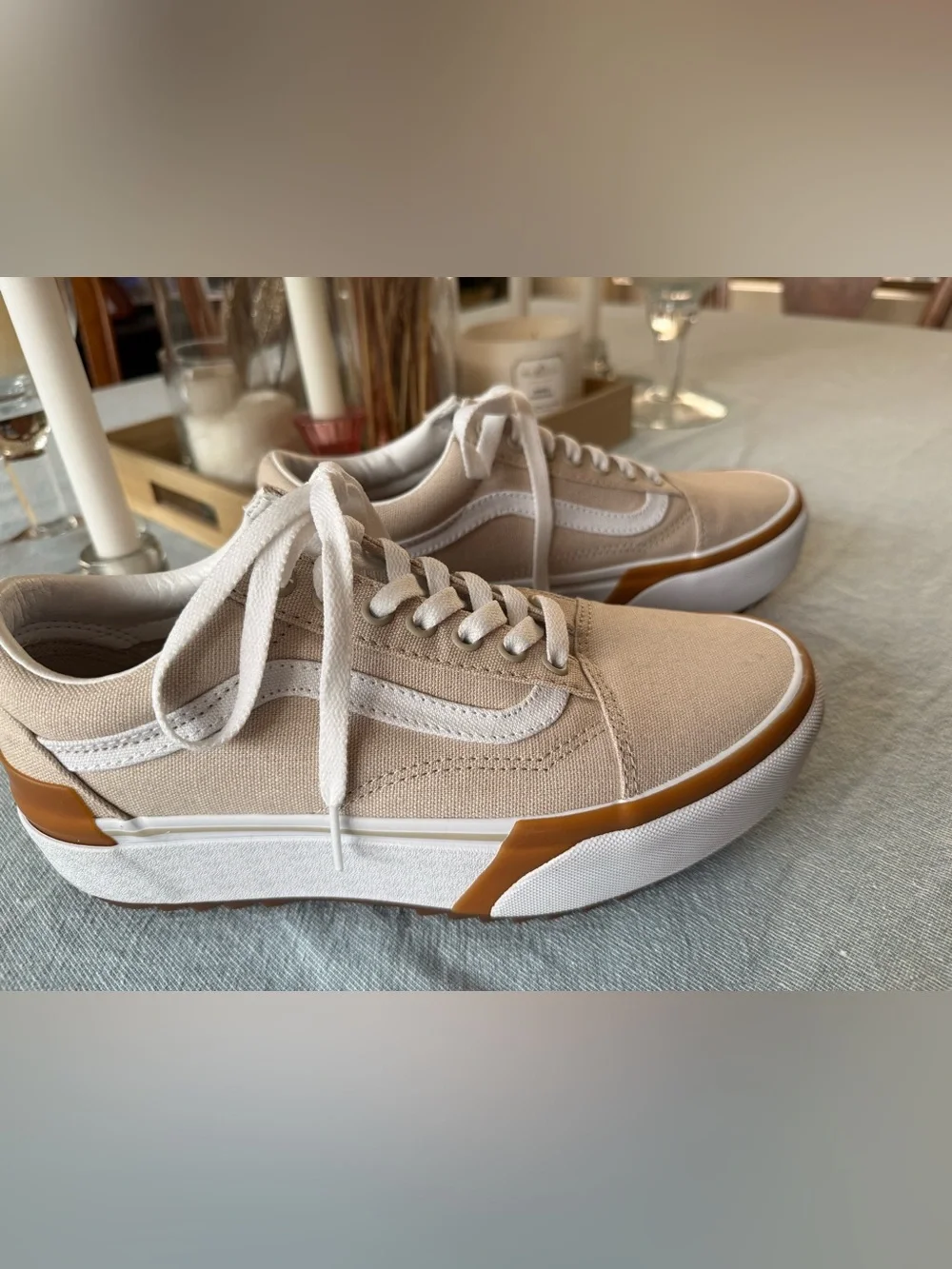 Vans Women’s Old Skool Canvas Platform Sneakers in Beige